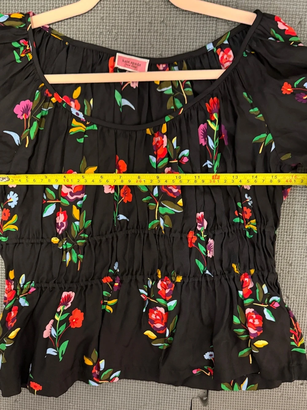 Kate Spade  Floral Riviera Smocked Puff Sleeve - Black/Multi- S- MSRP $268